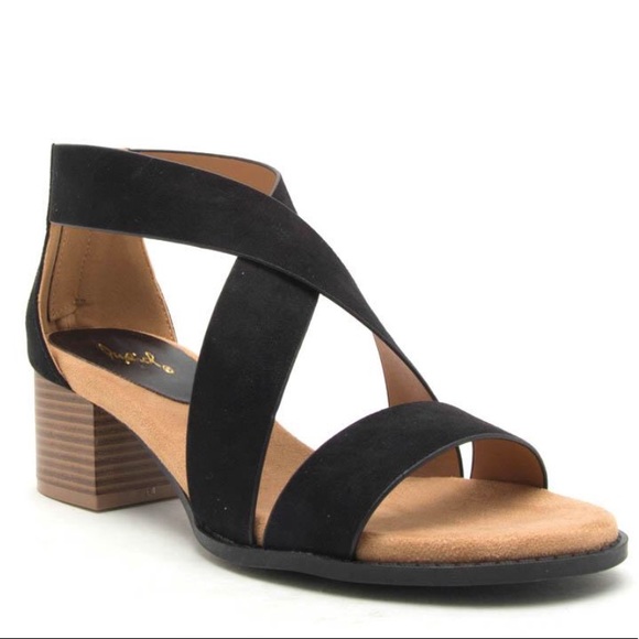 Qupid Shoes - Qupid Doria Black Sued Criss Cross Low comfort Heel